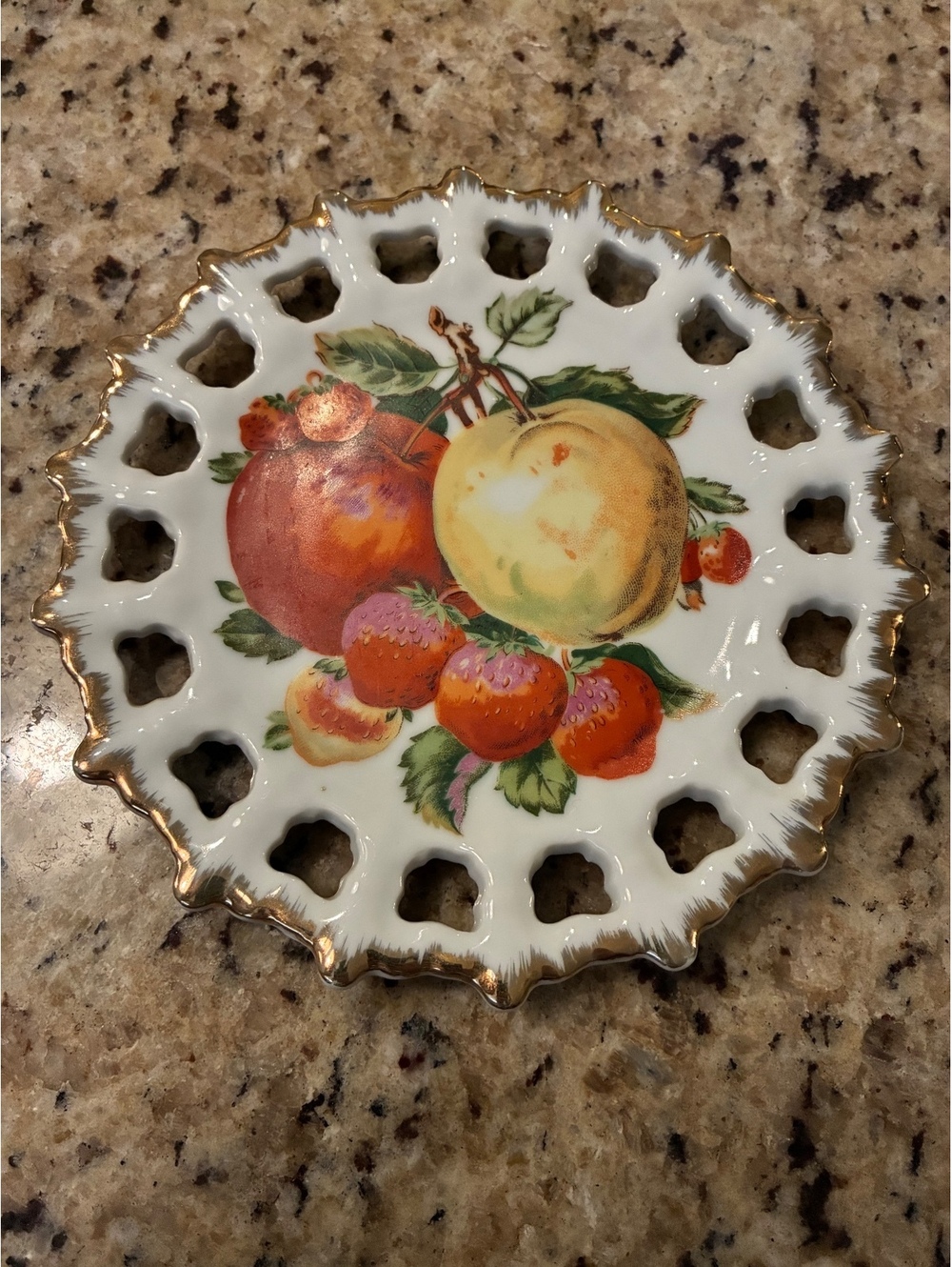 Vintage Japanese Reticulated Porcelain Fruit Plate - Gold Trim Lattice Border